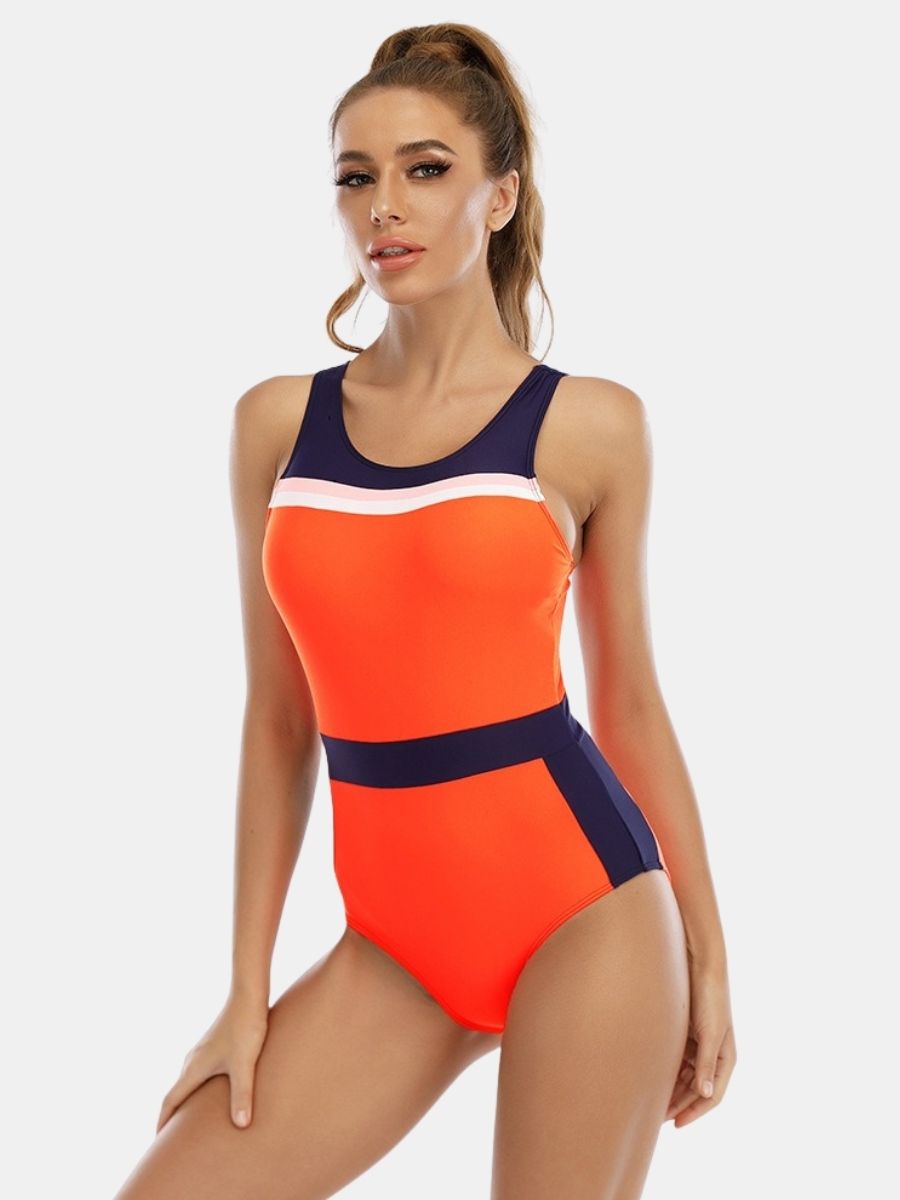 Colorblock Open Back Athletic One-piece Women Sports Swimsuit