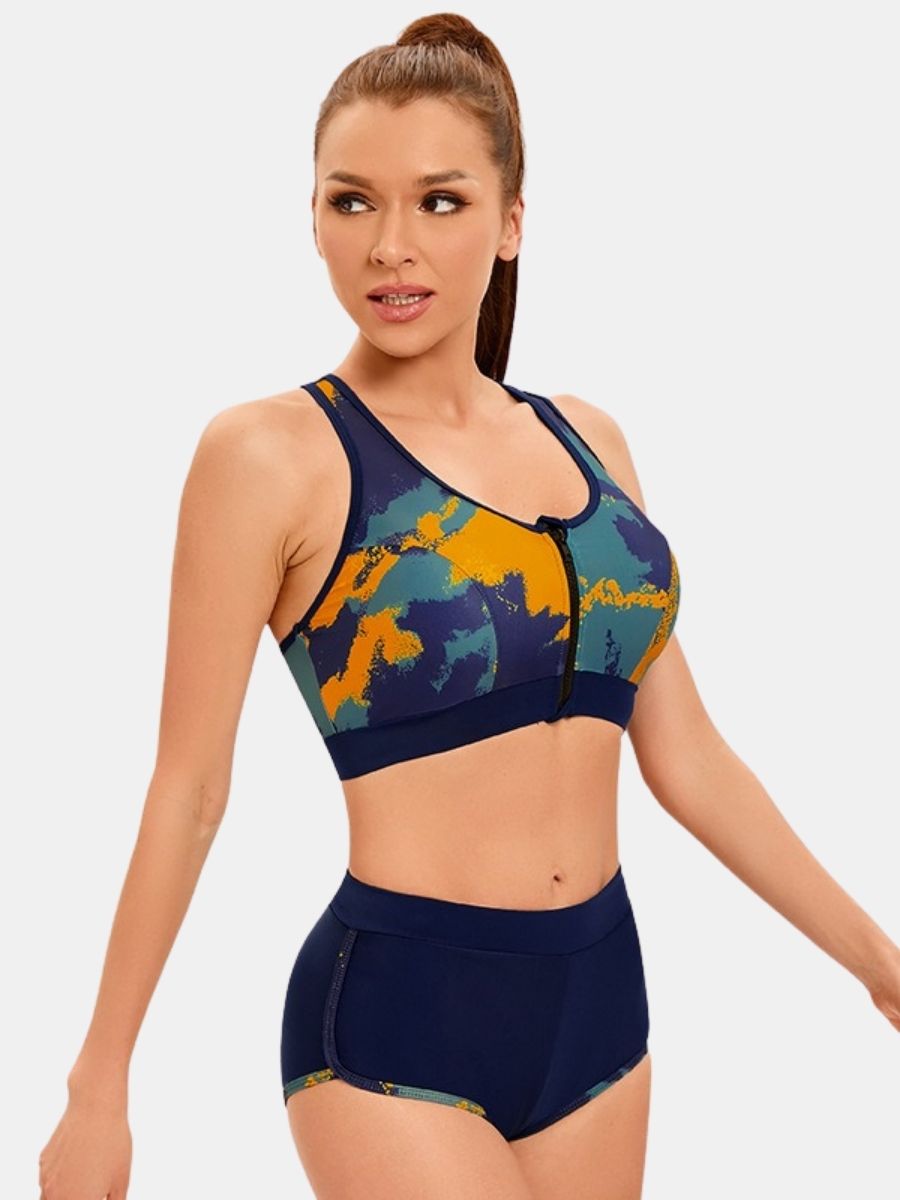 Front Zip Crisscross Open Back Athletic Two-pieces Women Sports Swimsuit