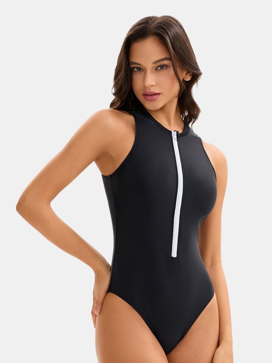 High Neck Front Zip Sleeveless Women Athletic One-piece Sports Swimsuit