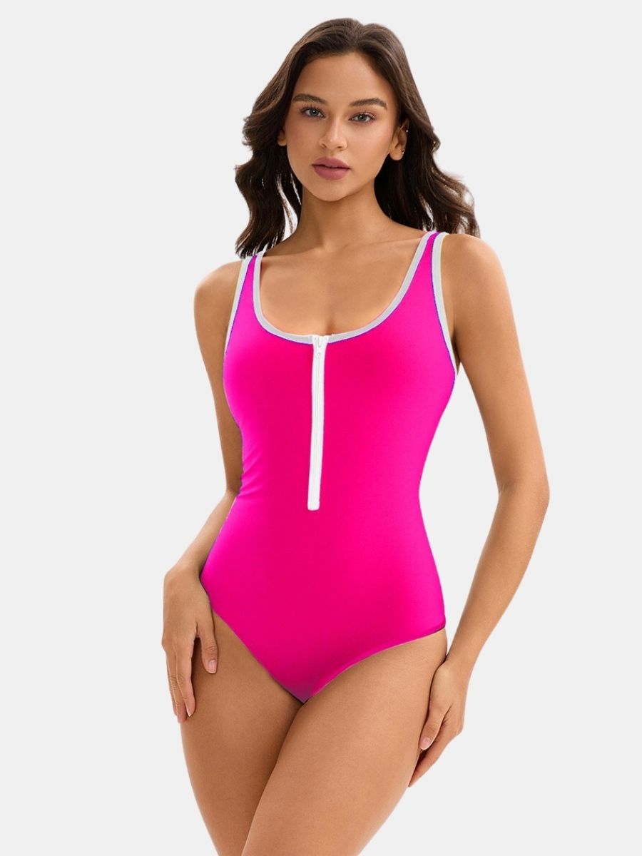 Front Zip Backless Colorblock Athletic Women One-piece Sports Swimsuit