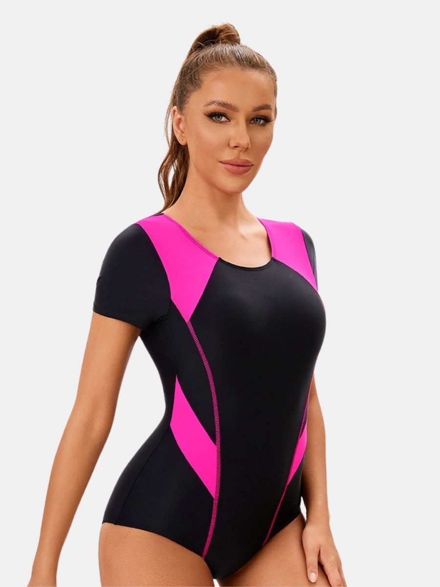 Colorblock Short Sleeve Athletic One-piece Women Sports Swimsuit