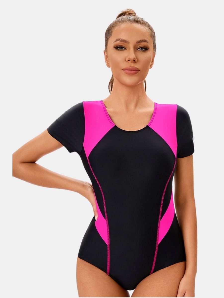 Colorblock Short Sleeve Athletic One-piece Women Sports Swimsuit