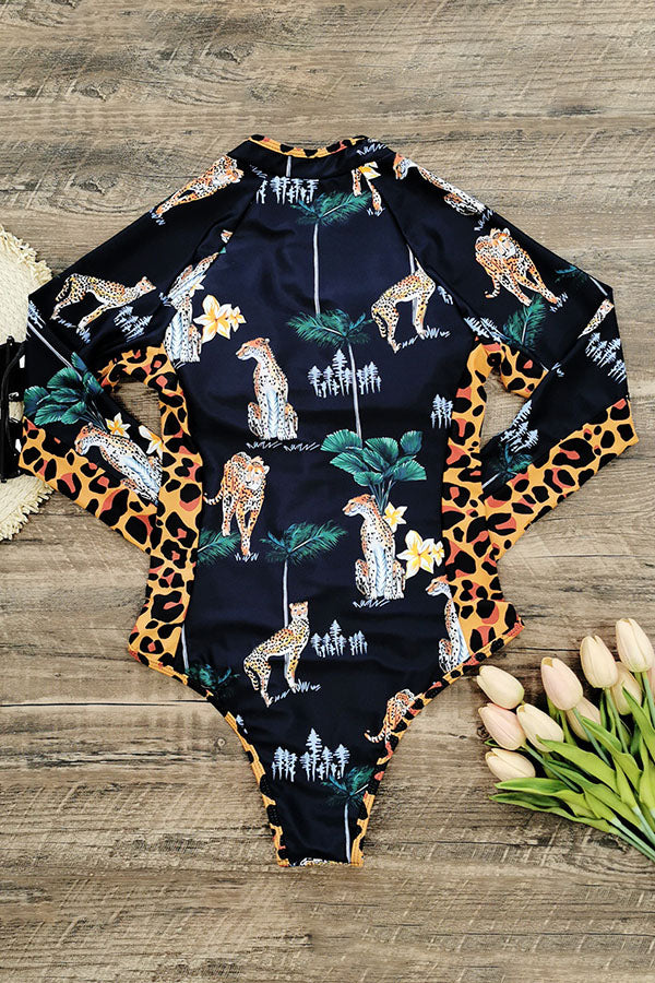 Leopard Print Long Sleeve Half Zip UPF50+ Rash Guard