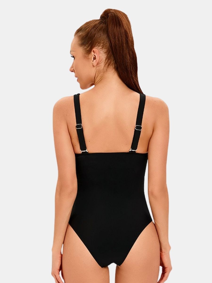 Adjustable Shoulder Strap Black Athletic One-piece Women Sports Swimsuit