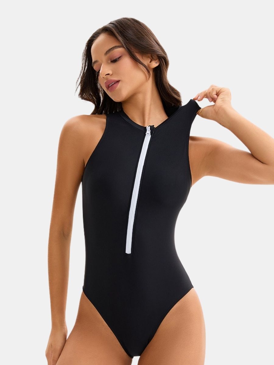 High Neck Front Zip Sleeveless Women Athletic One-piece Sports Swimsuit