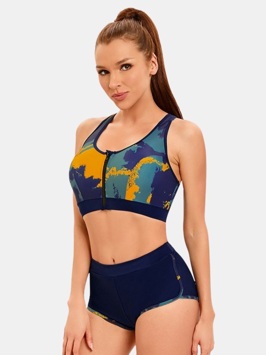 Front Zip Crisscross Open Back Athletic Two-pieces Women Sports Swimsuit