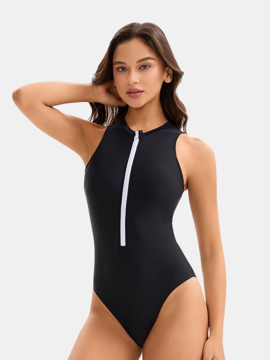 High Neck Front Zip Sleeveless Women Athletic One-piece Sports Swimsuit