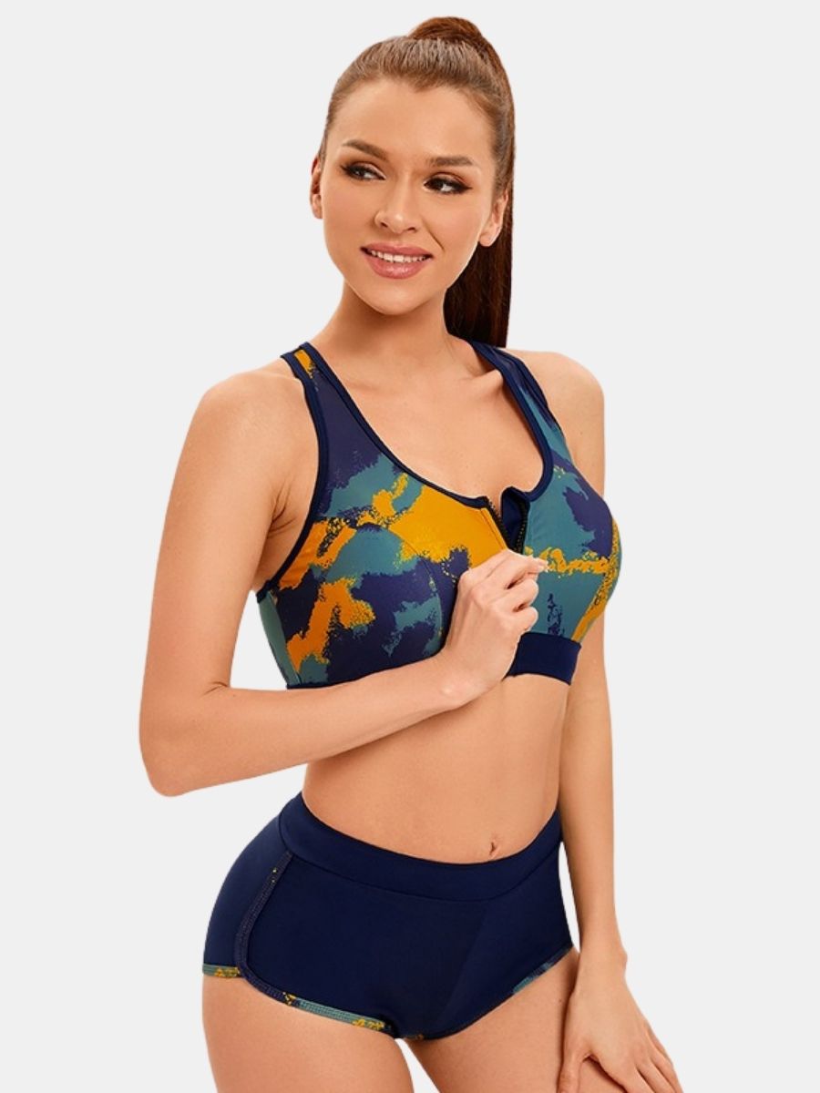 Front Zip Crisscross Open Back Athletic Two-pieces Women Sports Swimsuit