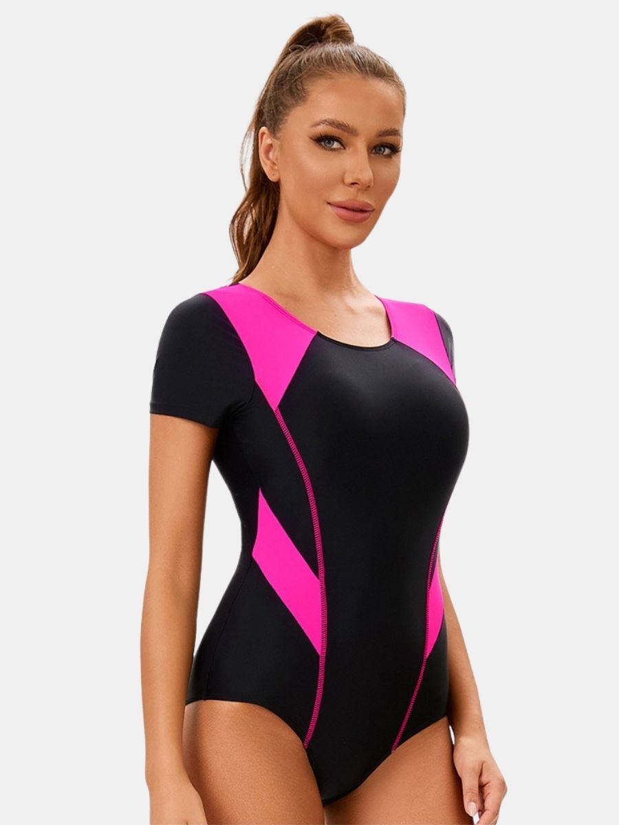 Colorblock Short Sleeve Athletic One-piece Women Sports Swimsuit
