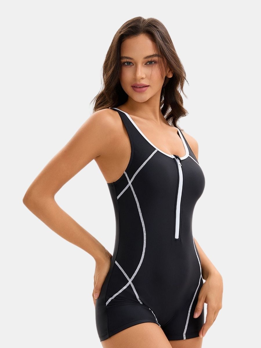 Front Zip Boyleg Colorblock Women One-piece Athletic Sports Swimsuit