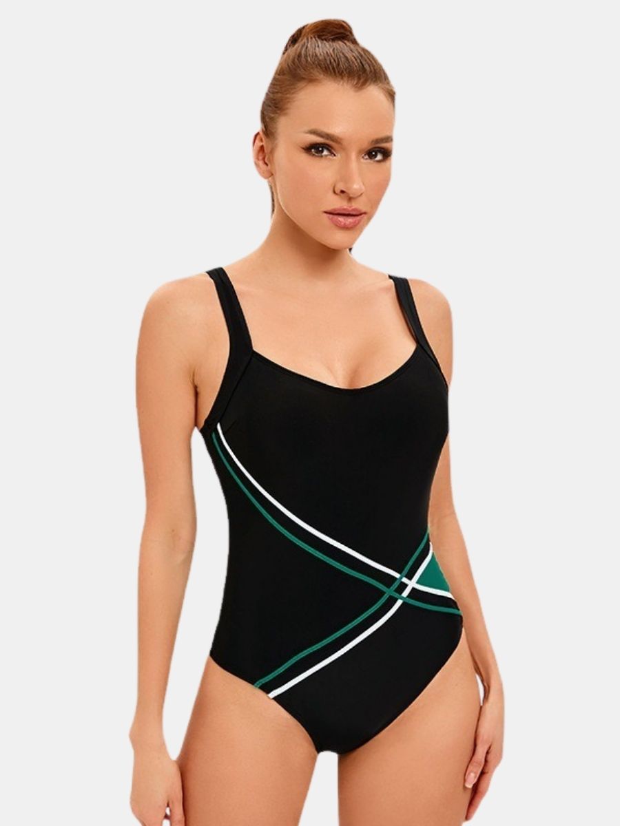 Adjustable Shoulder Strap Black Athletic One-piece Women Sports Swimsuit
