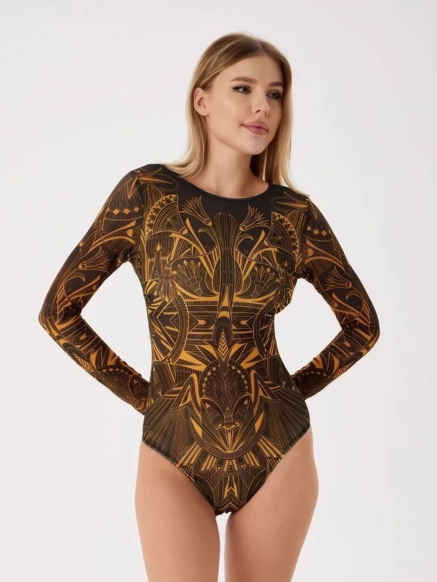 Boho Black Gold Women Long Sleeve UPF50+ Rash Guard Swimsuit
