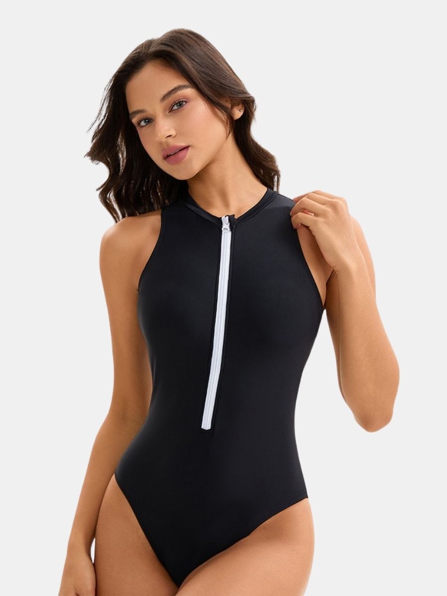 High Neck Front Zip Sleeveless Women Athletic One-piece Sports Swimsuit