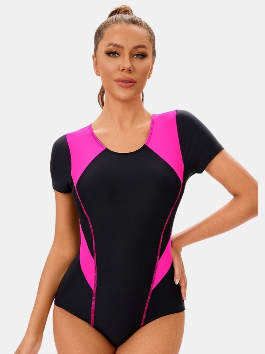 Colorblock Short Sleeve Athletic One-piece Women Sports Swimsuit