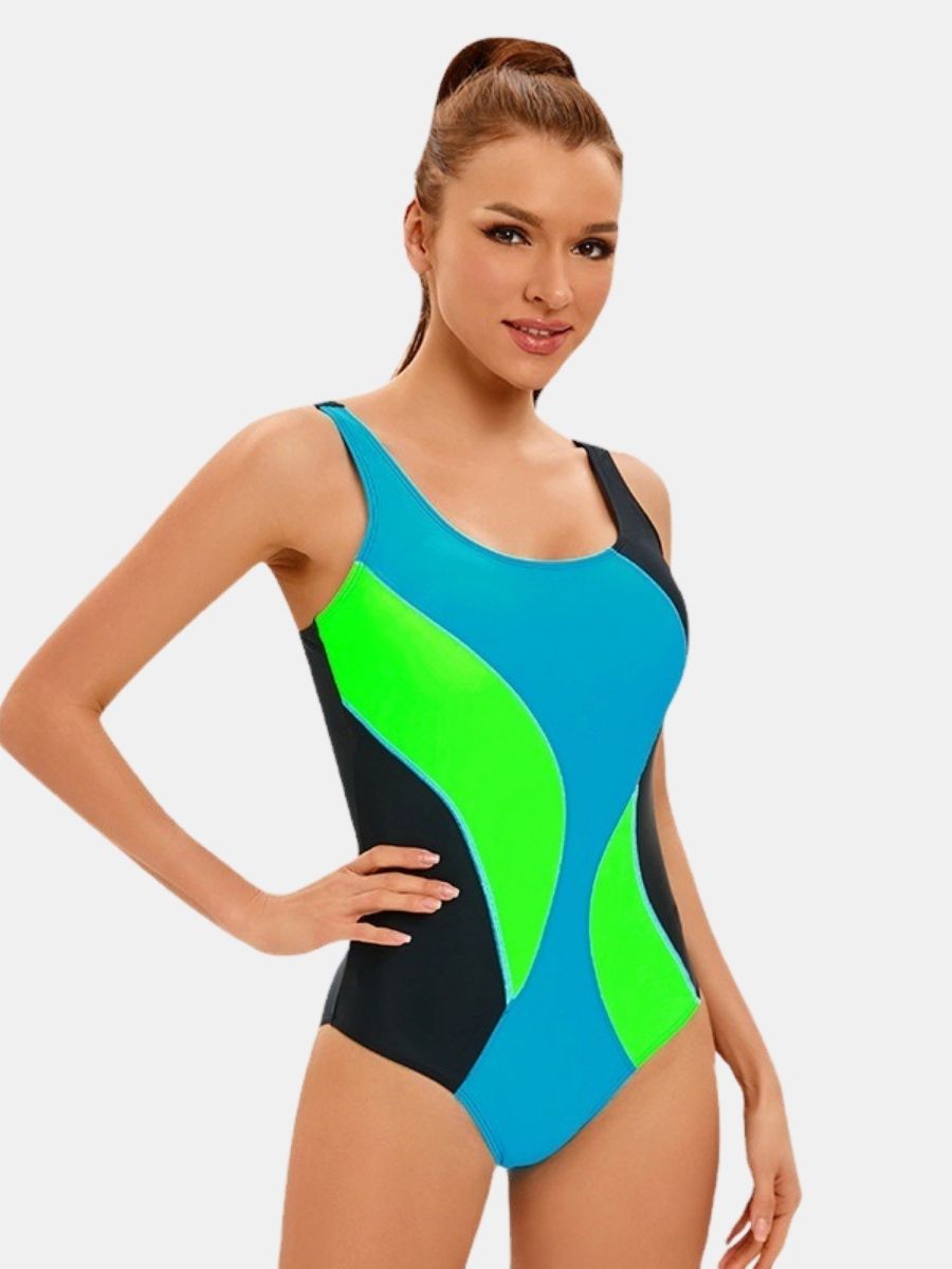 Colorblock Open Back Wide Shoulder Athletic One-piece Women Sports Swimsuit