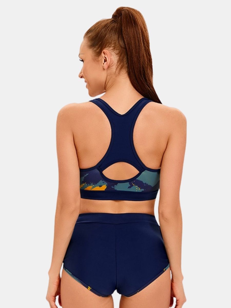 Front Zip Crisscross Open Back Athletic Two-pieces Women Sports Swimsuit