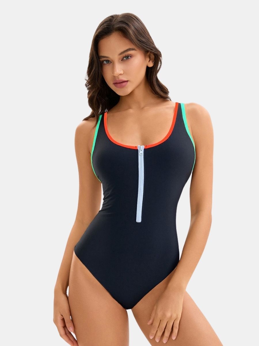Front Zip Backless Colorblock Athletic Women One-piece Sports Swimsuit