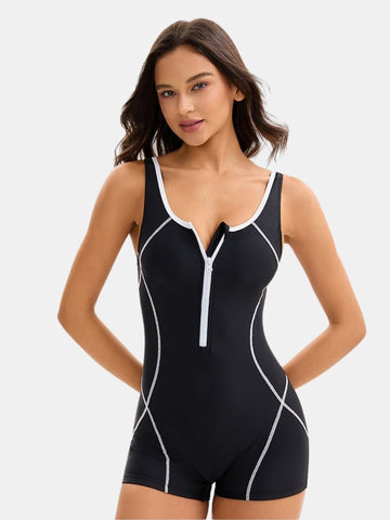 Front Zip Boyleg Colorblock Women One-piece Athletic Sports Swimsuit