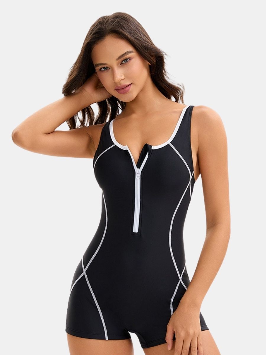 Front Zip Boyleg Colorblock Women One-piece Athletic Sports Swimsuit