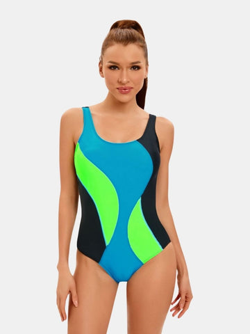 Colorblock Open Back Wide Shoulder Athletic One-piece Women Sports Swimsuit