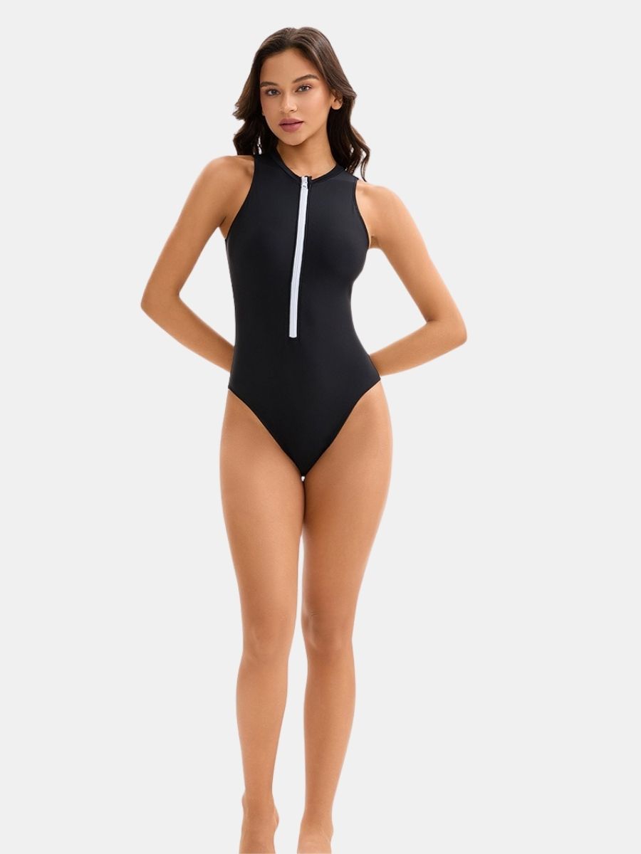 High Neck Front Zip Sleeveless Women Athletic One-piece Sports Swimsuit
