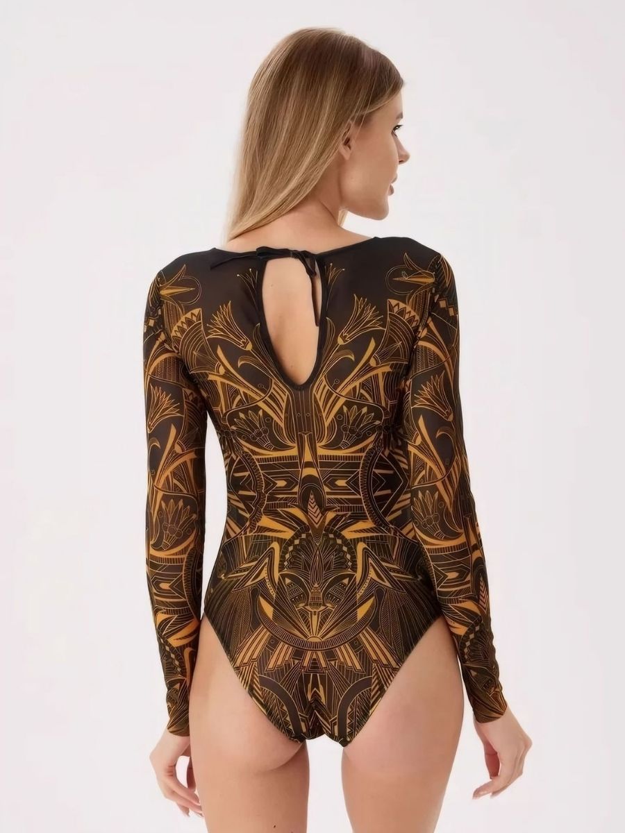 Boho Black Gold Women Long Sleeve UPF50+ Rash Guard Swimsuit