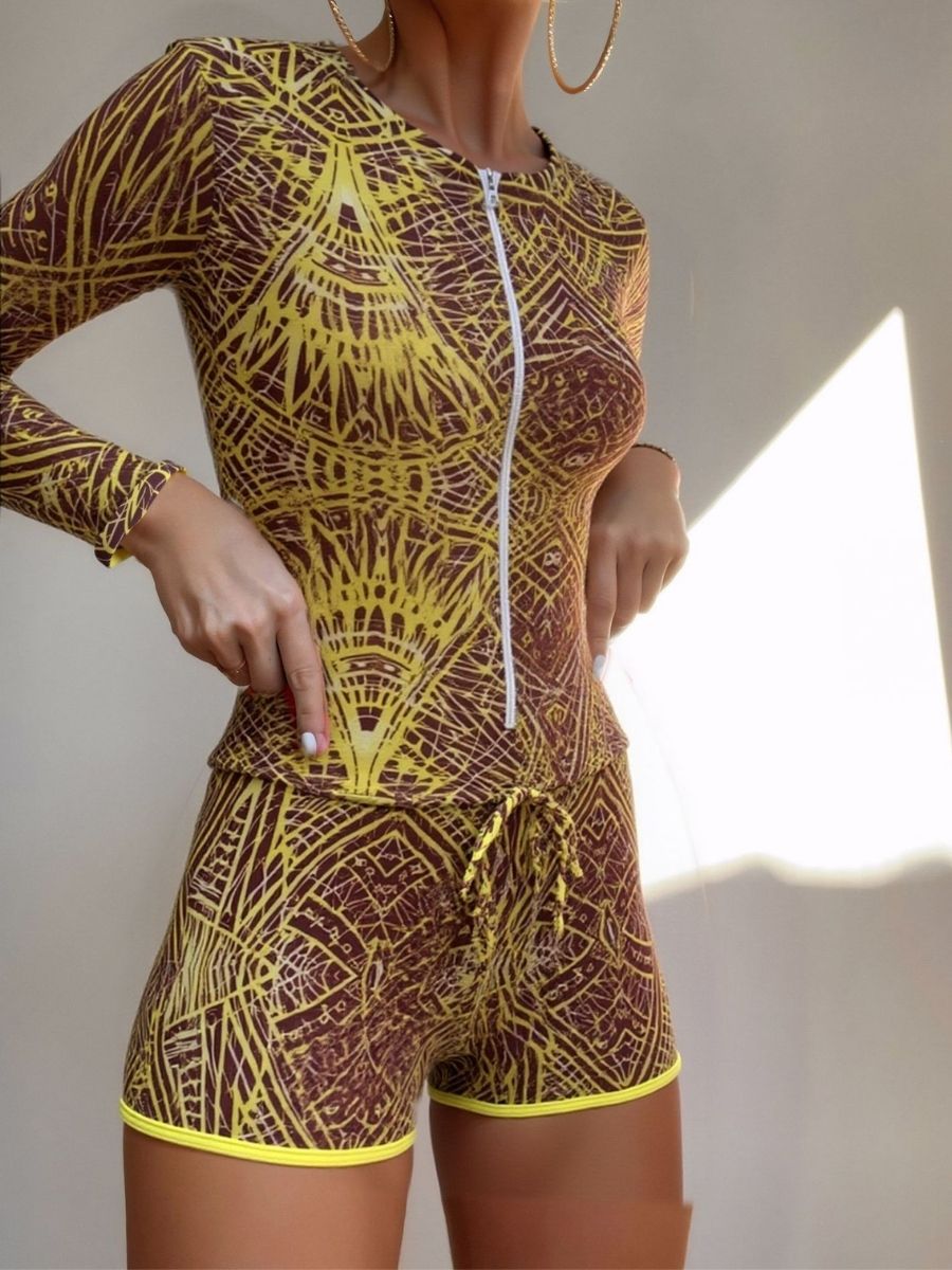 Boho Yellow Front Zip Women Long Sleeve UPF50+ Rash Guard Swimsuit