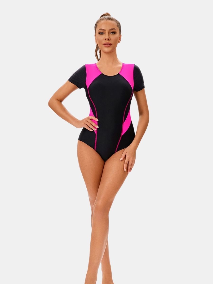 Colorblock Short Sleeve Athletic One-piece Women Sports Swimsuit