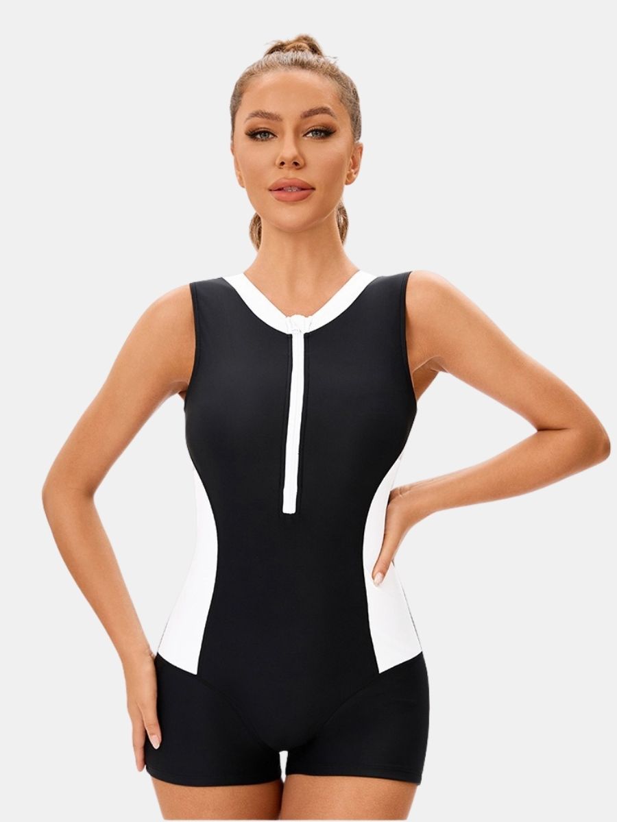 Front Zip Colorblock Sleeveless Boyleg Athletic Women One-piece Sports Swimsuit