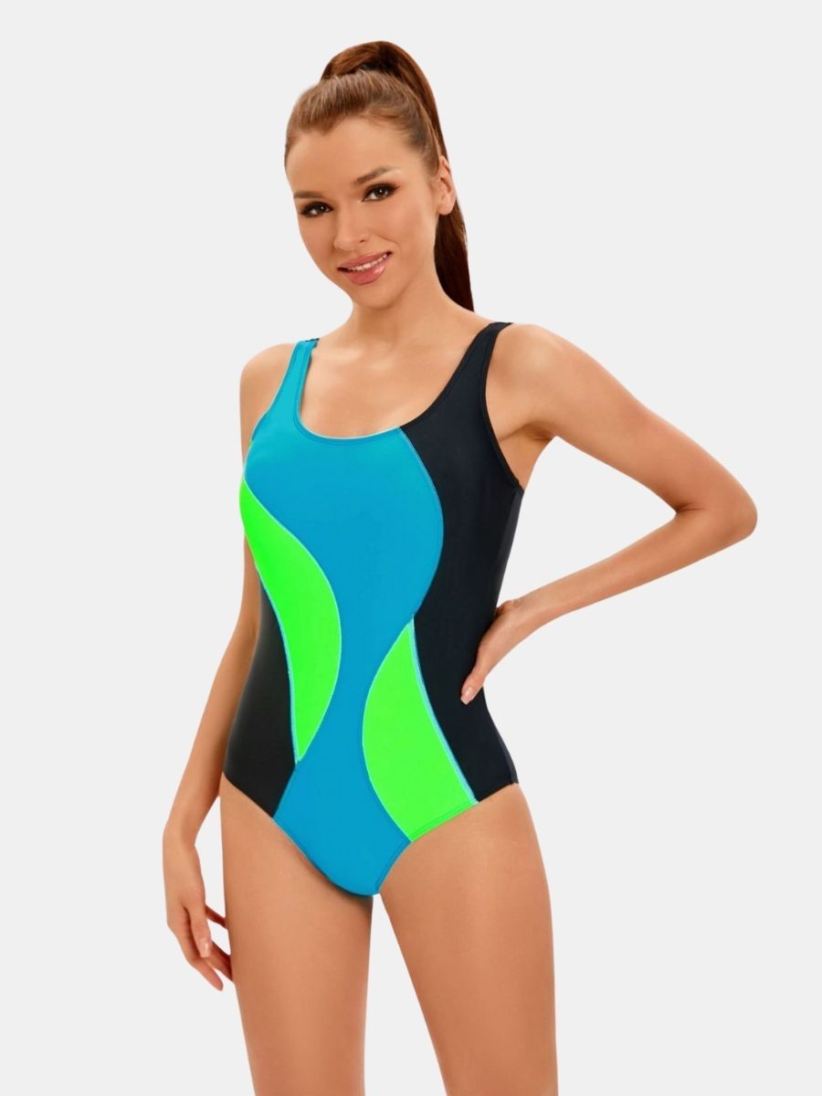 Colorblock Open Back Wide Shoulder Athletic One-piece Women Sports Swimsuit