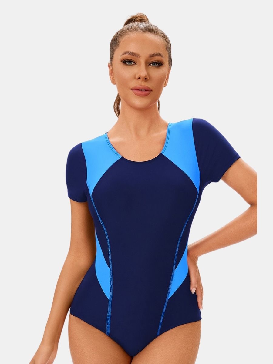 Colorblock Short Sleeve Athletic One-piece Women Sports Swimsuit