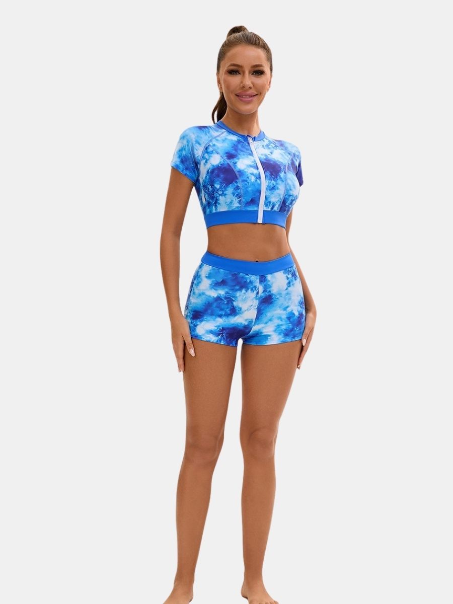 Short Sleeve Front Zip High Neck Athletic Women Two-pieces Sports Swimsuit