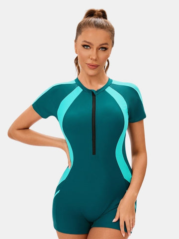 Front Zip Short Sleeve Boyleg Sufing Athletic Women One-piece Sports Swimsuit