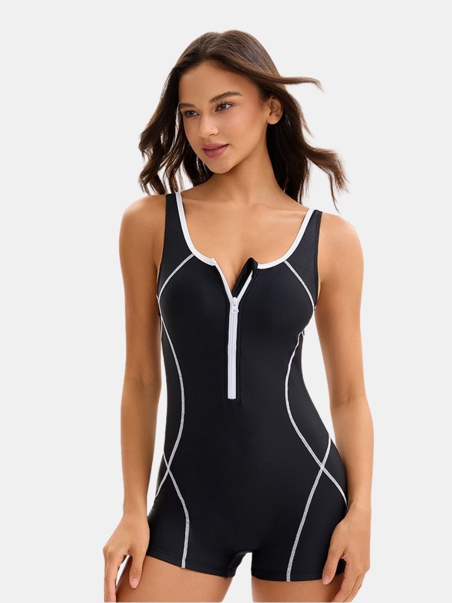 Front Zip Boyleg Colorblock Women One-piece Athletic Sports Swimsuit
