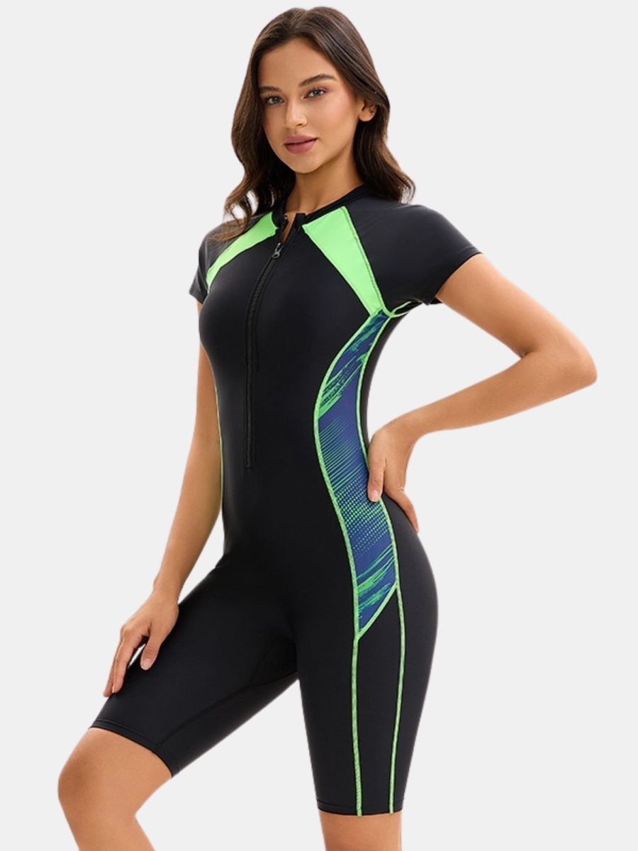 Front Zip Boyleg Short Sleeve Sufing Athletic Jumpsuit One-piece Women Sports Swimsuit
