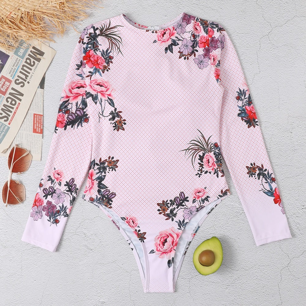 Floral Print Polka Dots Zip Long Sleeve UPF50+ Rash Guard
