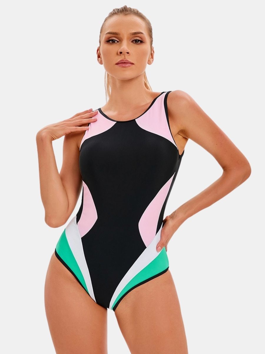 Colorblock Backless Women Athletic One-piece Sports Swimsuit