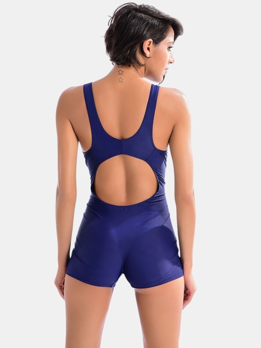 Color Block Boyleg Open Back Athletic One-piece Women Sports Swimsuit