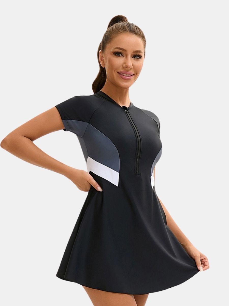 Short Sleeve Front Zip Athletic Women One-piece Sports Swimdress