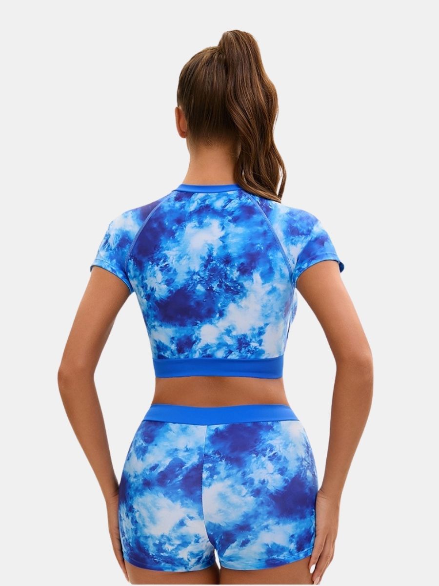 Short Sleeve Front Zip High Neck Athletic Women Two-pieces Sports Swimsuit