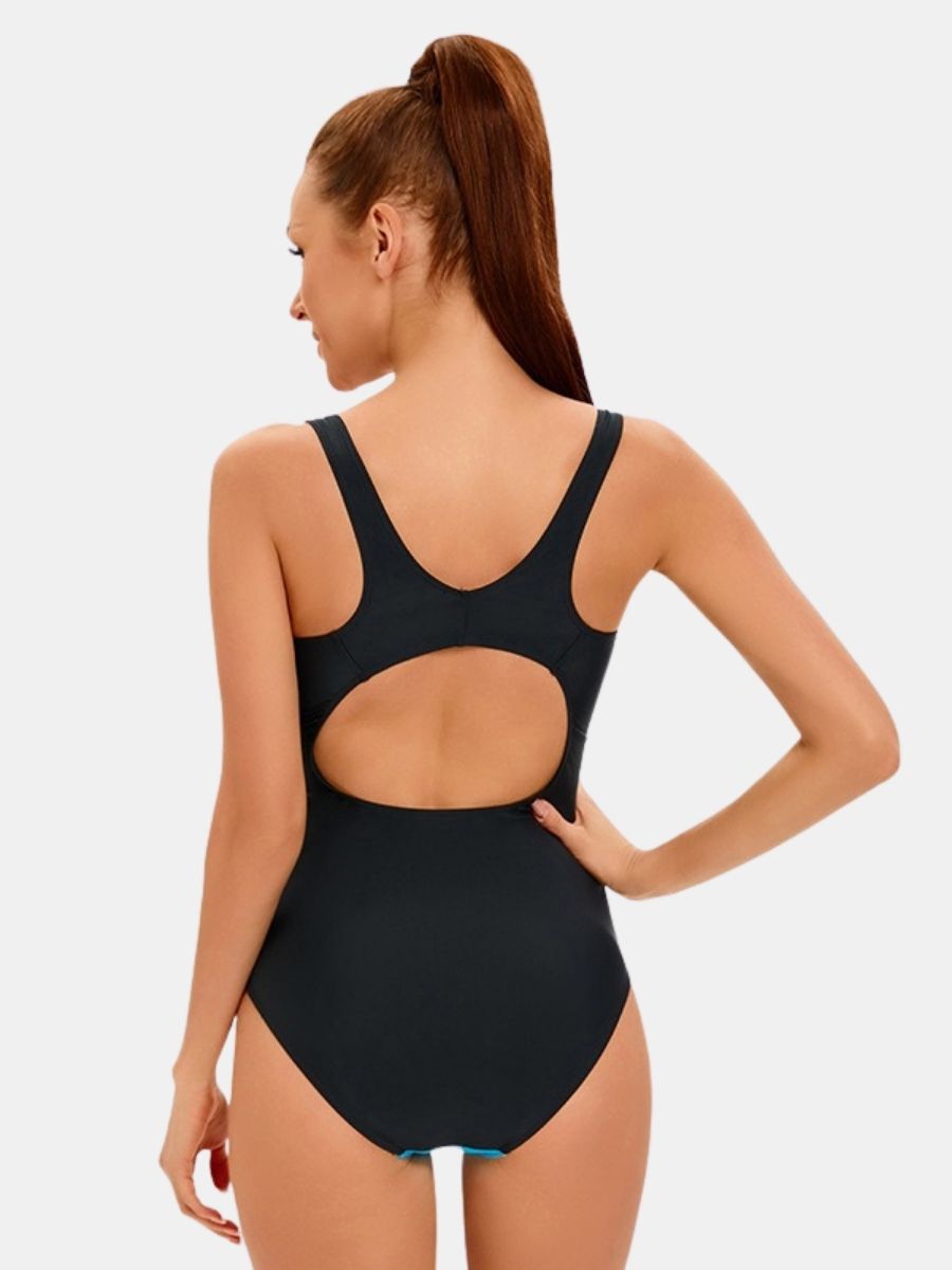 Colorblock Open Back Wide Shoulder Athletic One-piece Women Sports Swimsuit