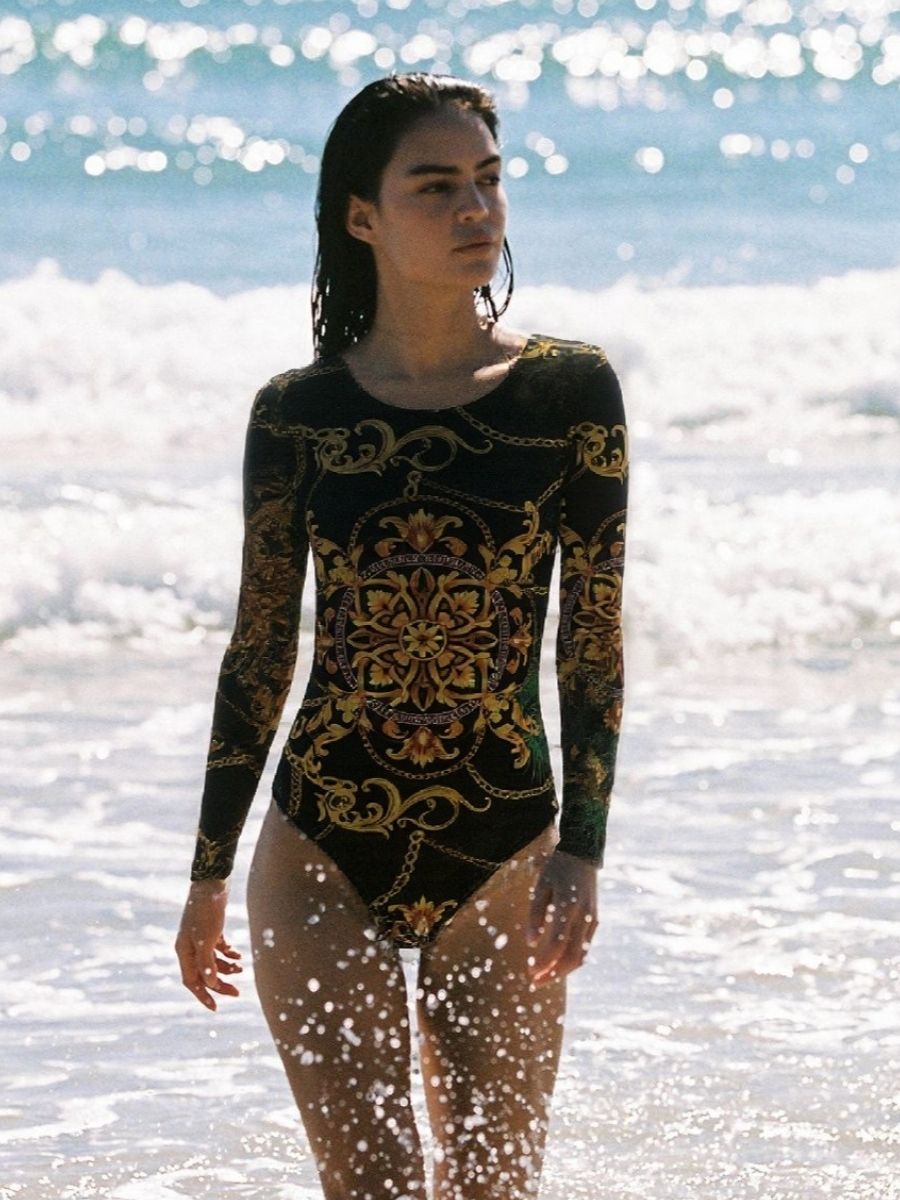Boho Black Floral Print Women Long Sleeve UPF50+ Rash Guard Swimsuit