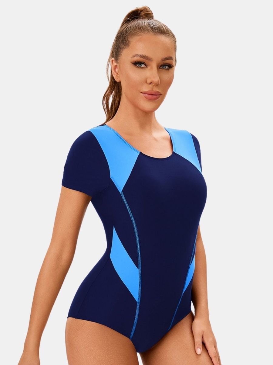 Colorblock Short Sleeve Athletic One-piece Women Sports Swimsuit