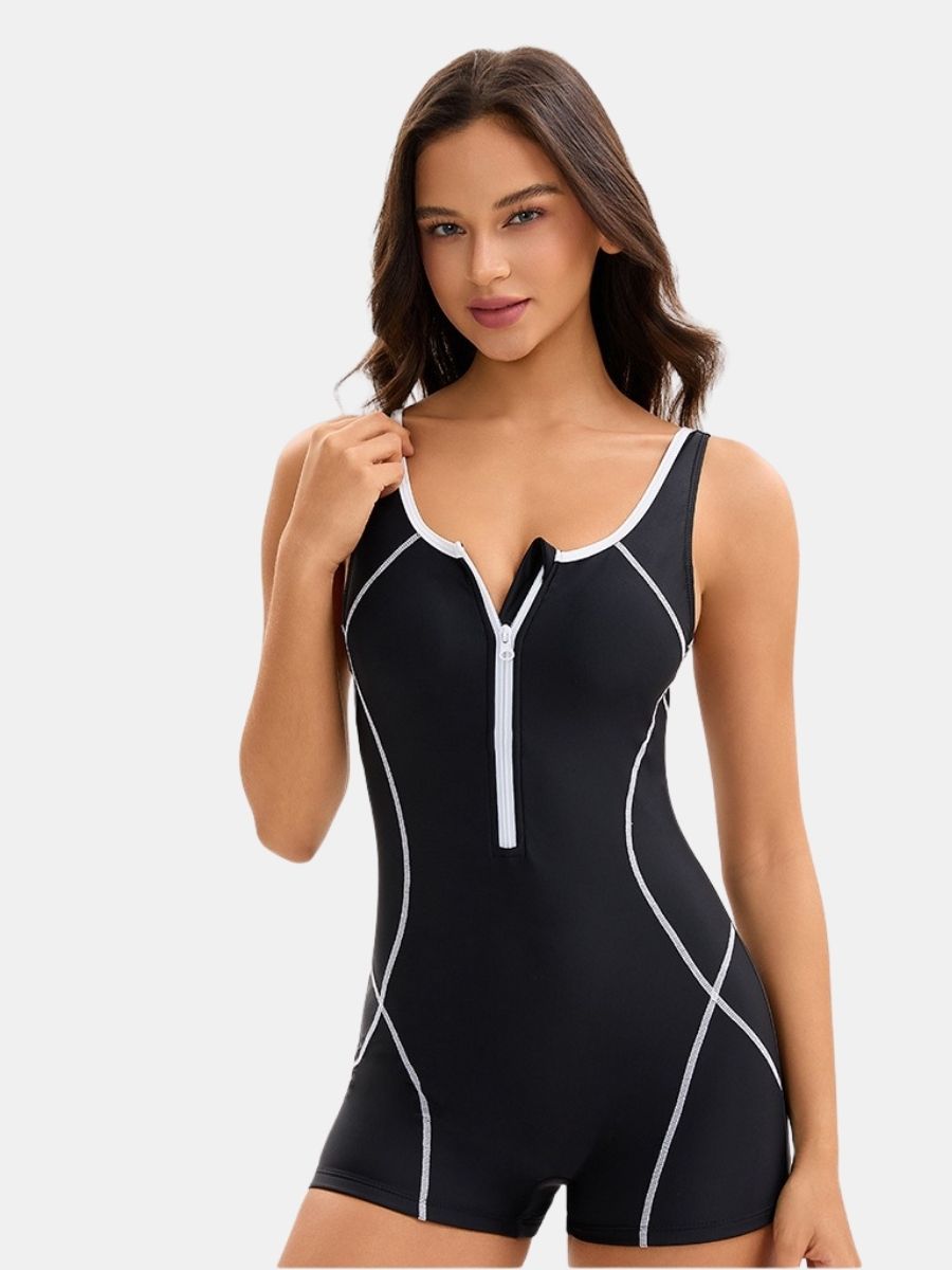 Front Zip Boyleg Colorblock Women One-piece Athletic Sports Swimsuit