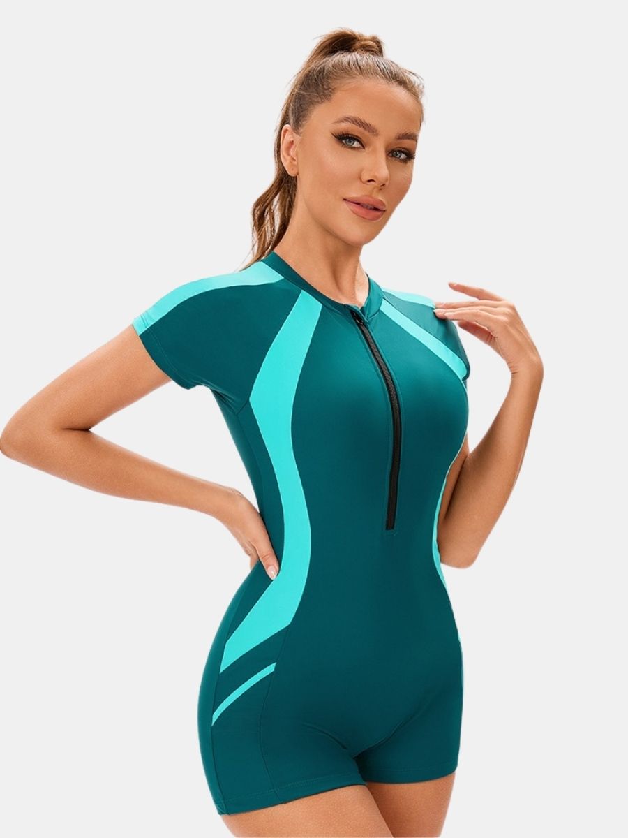 Front Zip Short Sleeve Boyleg Sufing Athletic Women One-piece Sports Swimsuit