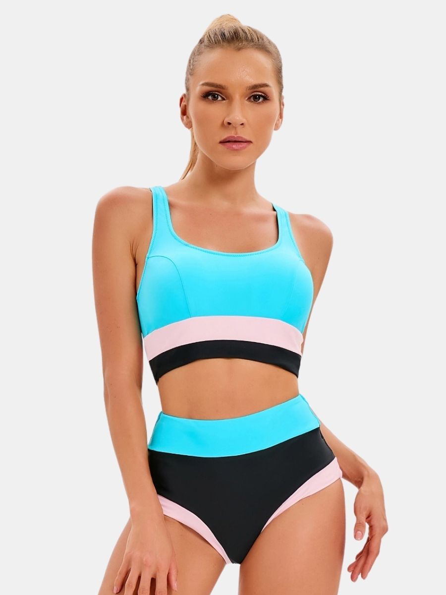 Colorblock Athletic Two-pieces Women Sports Swimsuit