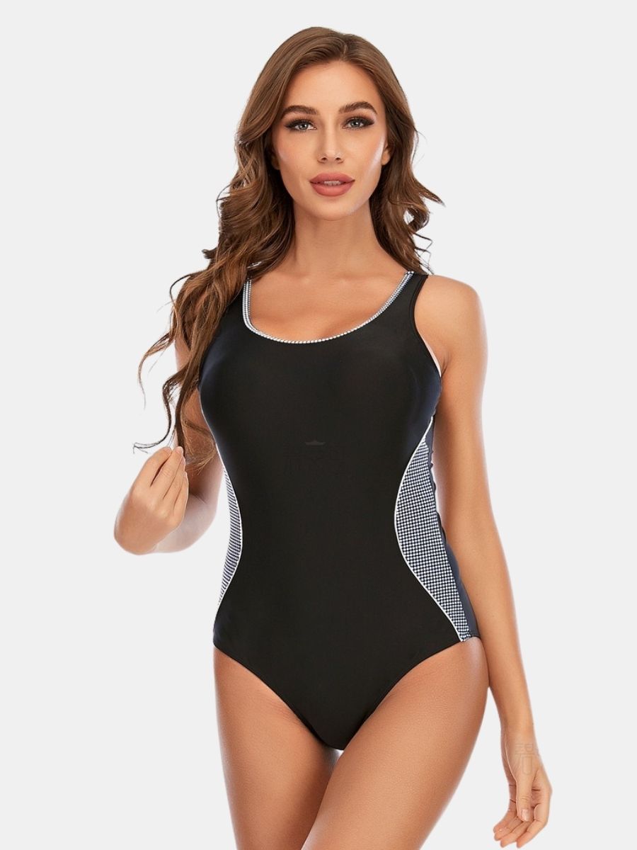 Open Back Colorblock Athletic Women One-piece Sports Swimsuit
