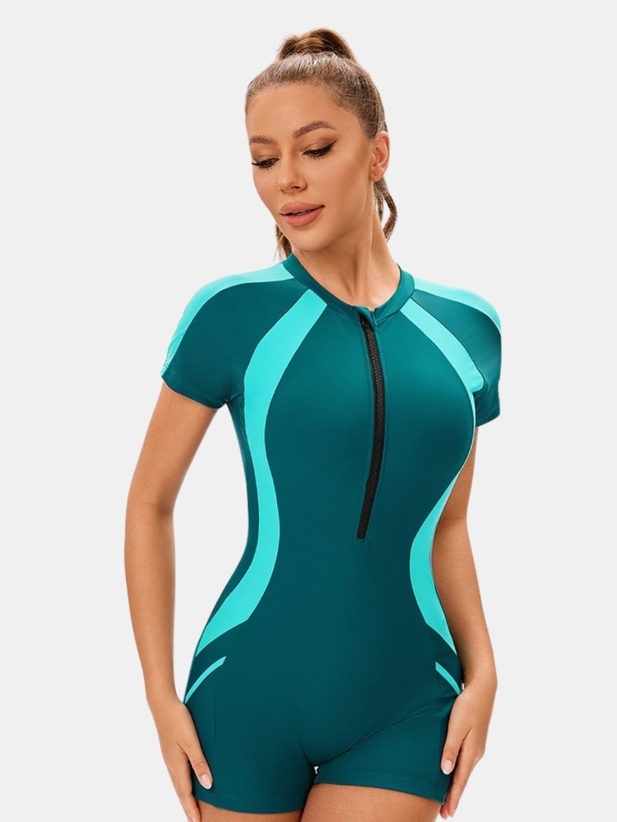 Front Zip Short Sleeve Boyleg Sufing Athletic Women One-piece Sports Swimsuit