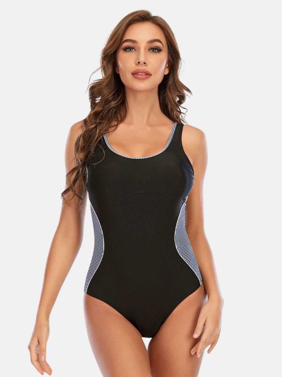 Open Back Colorblock Athletic Women One-piece Sports Swimsuit