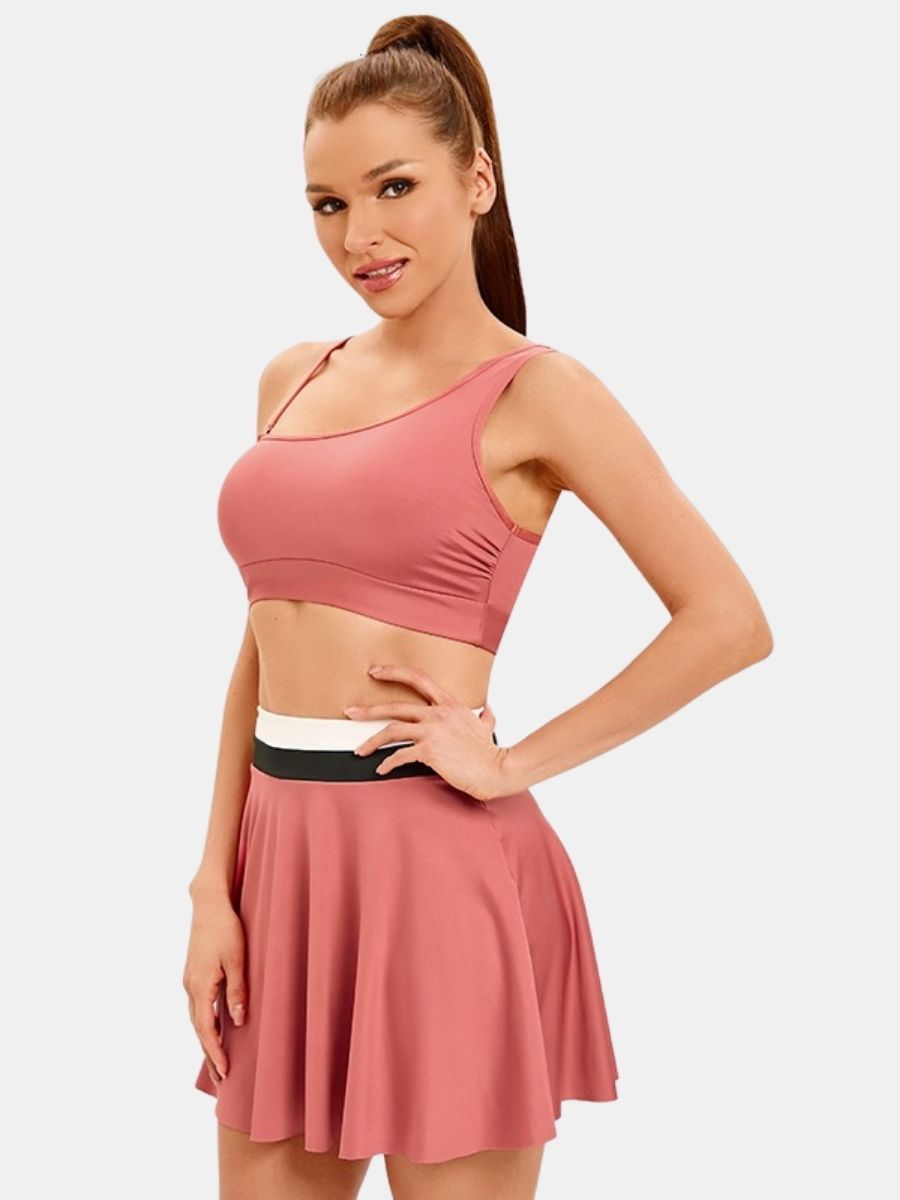 One Shoulder Backless Athletic Three-pieces Women Sports Swimsuit With Skirt